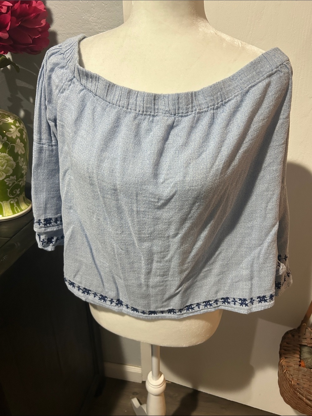 Lucky Brand Light Blue Off-Shoulder Embroidered Top